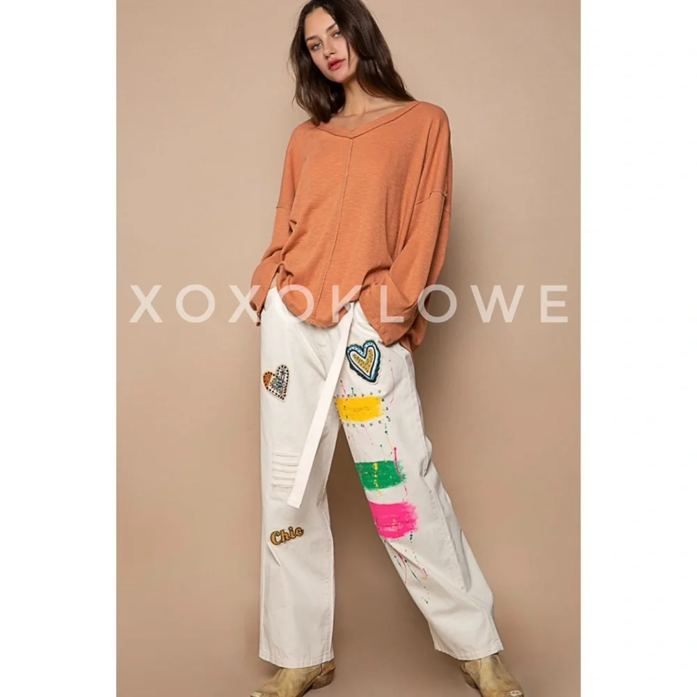 POL Cream Paint & Patch Loose Fit Wide Leg Pants - Picture 5 of 16